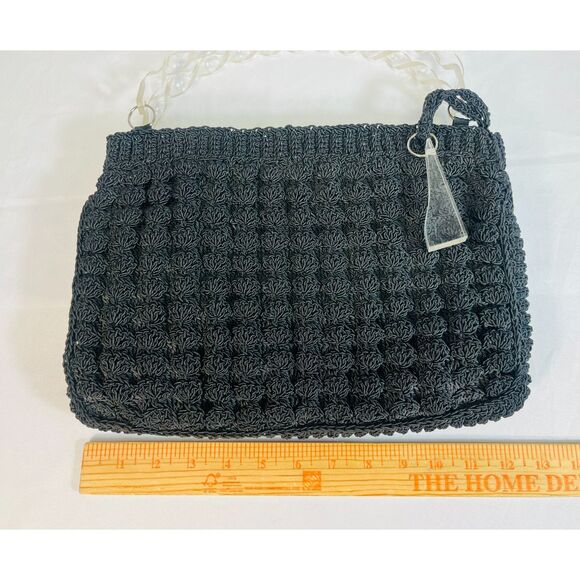 Vintage Mid Century Crochet Black Handbag Tote Satchel Lucite Handles EUC - Picture 9 of 10